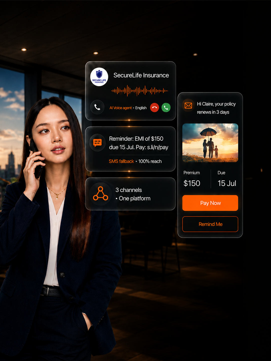 AI Voice agent, SMS fallback and RCS renewal reminder across three channels